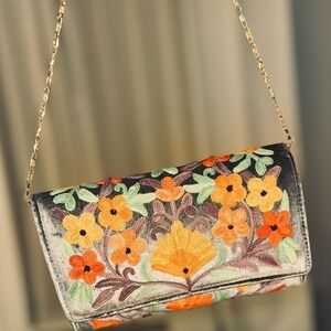 Kashmiri Velvet Floral Embroidered Clutch Crossbody Bag Boho
